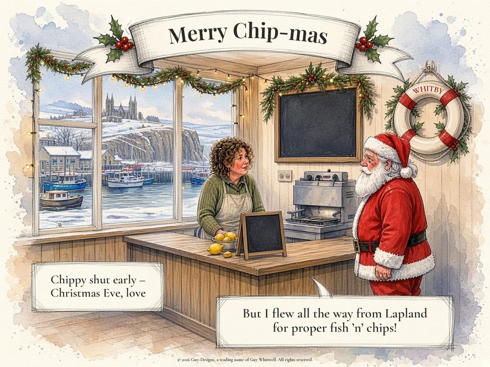 Merry Chip-mas card: Santa at a seaside chippy counter on Christmas Eve, saying he flew all the way from Lapland for proper fish 'n' chips