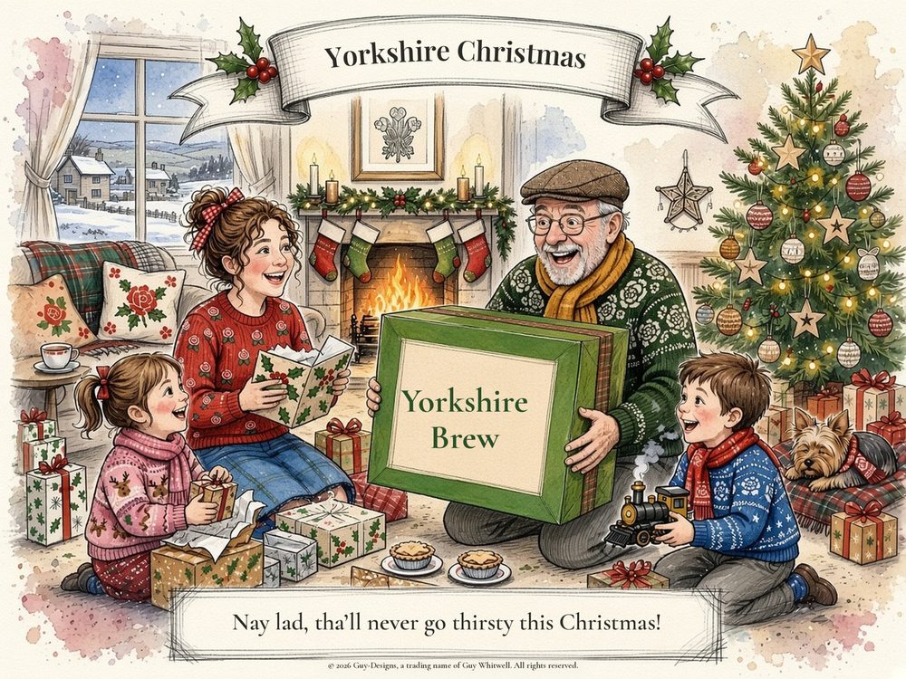 Yorkshire Christmas card: Grandad opens a giant box of Yorkshire Brew with the family by the tree. Nay lad, tha'll never go thirsty this Christmas!