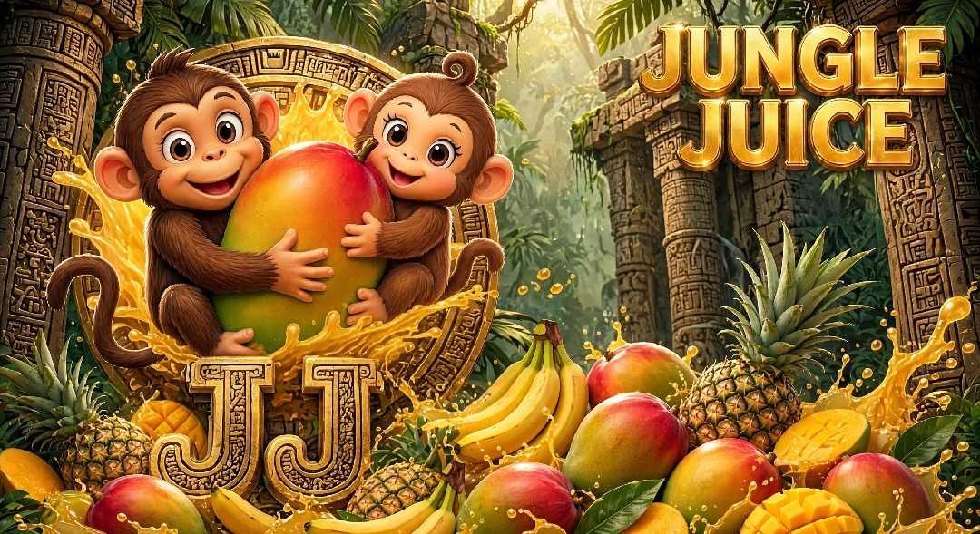 Jungle Juice title screen with two cartoon monkeys and tropical fruit