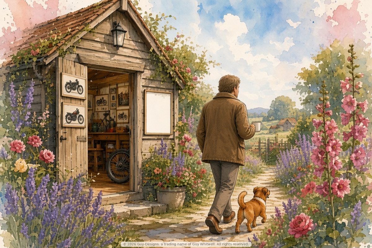 Step 1, The idea: Guy walking down a flower-lined garden path towards the studio shed with his dog