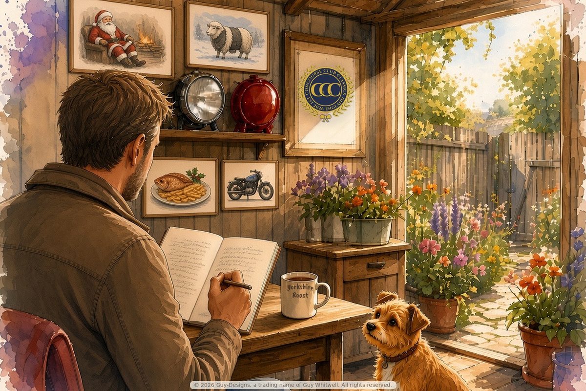 Step 2, The joke: Guy at his studio desk writing ideas in a notebook, dog beside him