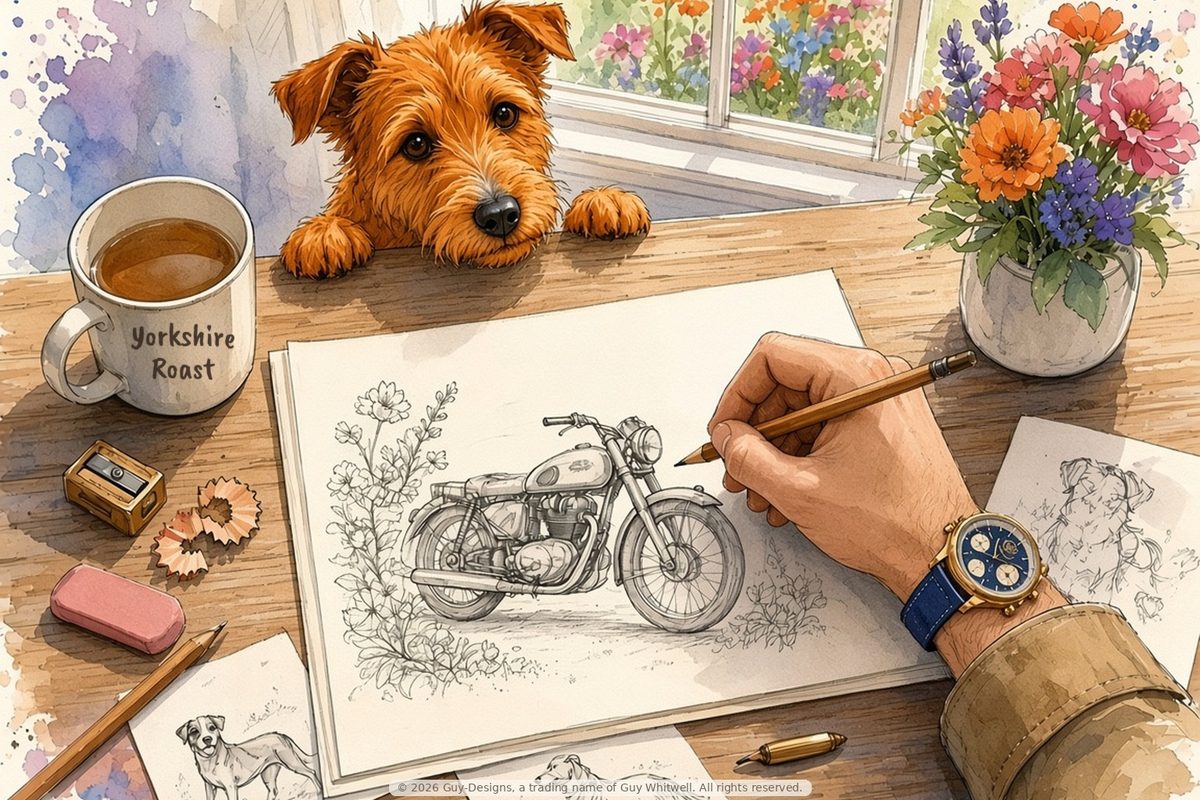 Step 3, The sketch: Guy pencil-sketching a robin card design at the studio desk