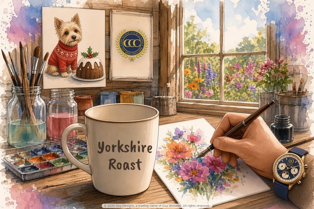 Step 4, Ink and paint: Close-up of a hand inking and painting a flower design beside a Yorkshire Roast mug and watercolour paints