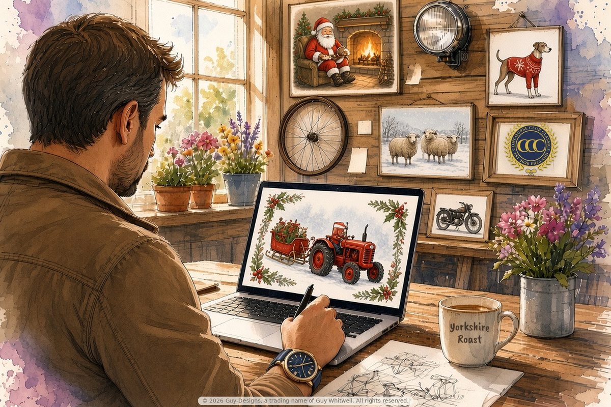 Step 5, The digital finish: Guy finishing a motorbike and flowers design on a laptop in the studio
