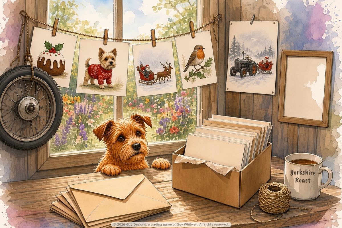 Step 6, Ready to post: Finished cards pegged on a line above a box of envelopes, with the dog peeking over the desk
